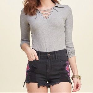 Hollister Lace Up Long Sleeve Collared Top